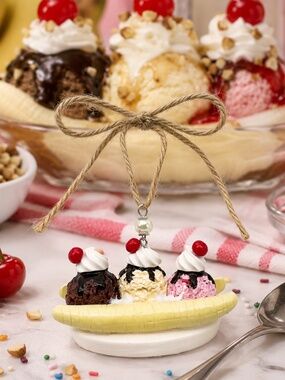 Banana Split Ice Cream Sundae Ornament | Handmade Miniature Banana Split Dessert